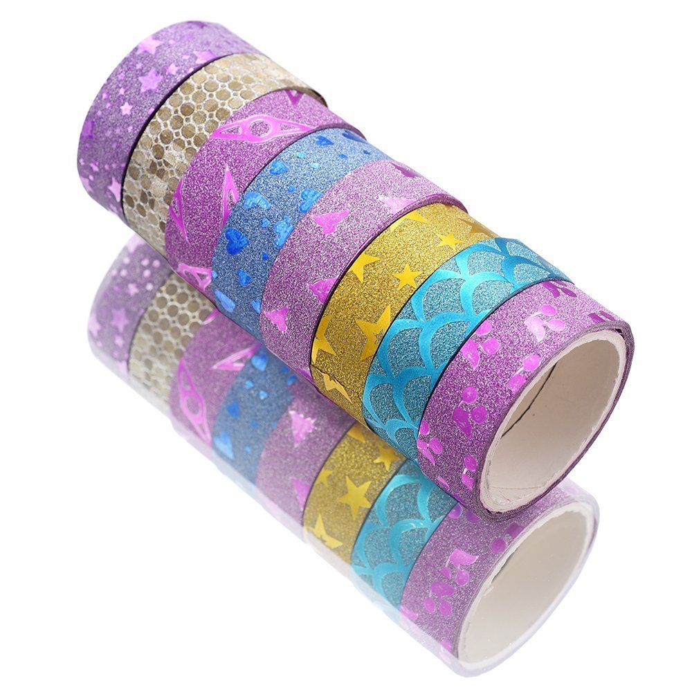Pindia Sparkling Printed Craft Tape Shimmer Glitter Roll Set - Pack of 10 (Multicolor)