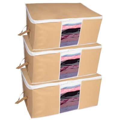 HomeStrap Big Underbed Rectangular Storage Bag Organiser (Beige, Set of 3)