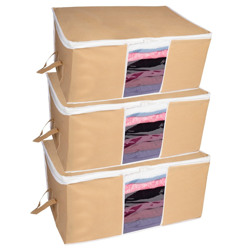 HomeStrap Big Underbed Rectangular Storage Bag Organiser (Beige, Set of 3)