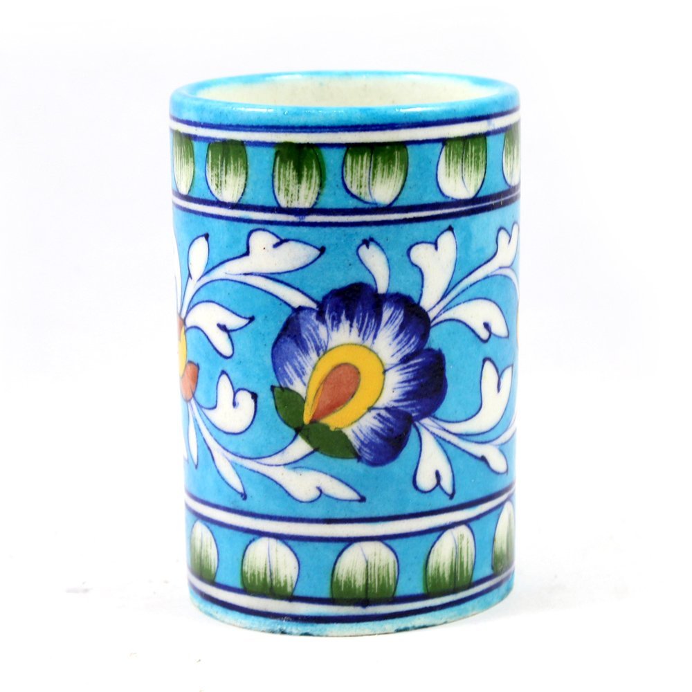 India Meets India Handicraft Decorative Ceramic Bathroom Toothbrush, Stationery, Pen and Pencil Stand Holder (Blue, m)