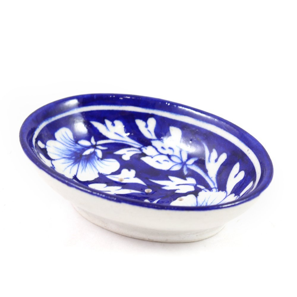 India Meets India Handicraft Decorative Ceramic Hand Painted Flower Design Bathroom Soap Dish Soap Holders (Blue, 13.5 x 10 x 4 cm)