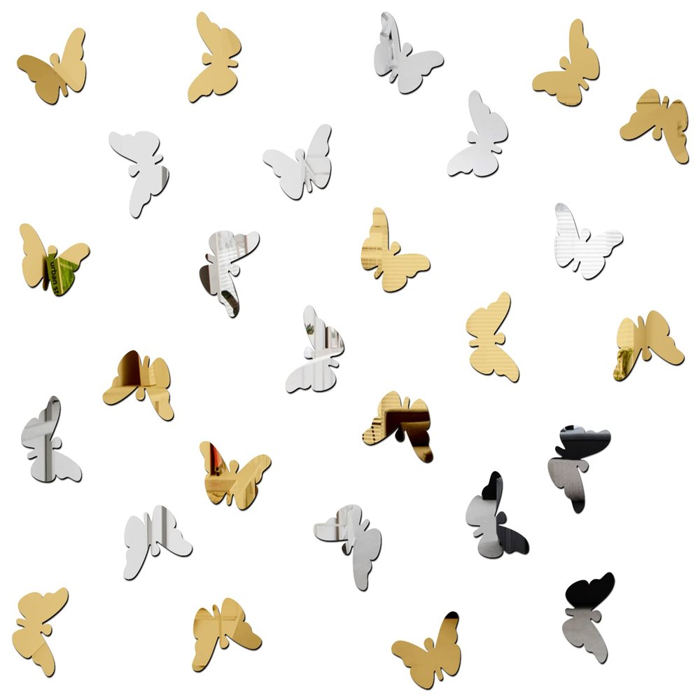 Wall1ders 30 Butterflies Mirror Stickers for Wall, Acrylic Mirror Wall Decor Sticker, Wall Mirror Stickers, Acrylic Stickers, Wall Stickers for Hall Room, Bed Room, Kitchen. (GOLDSILV)