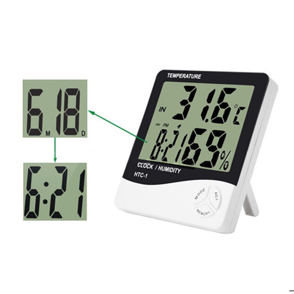 Htc-1 Temperature Ledzz Humidity Time Display Meter With Alarm Clock, Wall Mount Or Table Top, Multicolour