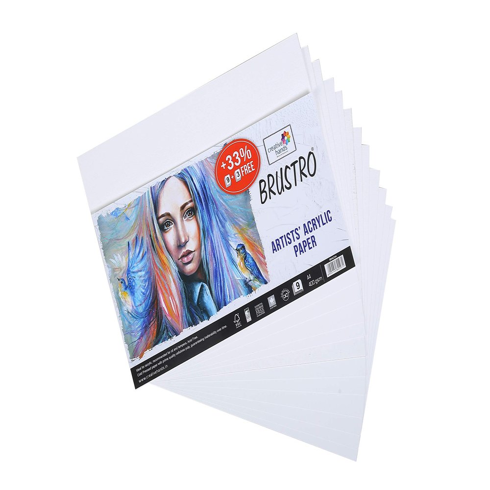 Brustro Artists Acrylic Paper 400 GSM A4 (Pack of 9 + 3 Free Sheets), Acid Free, Ideal for Acrylic Painting. Also Suitable for Oil & Tempera
