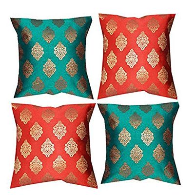 PINK PARROT Dupion Silk Cushion Covers (Red and Greenish-Blue, 12 x12 inch) - Set of 4