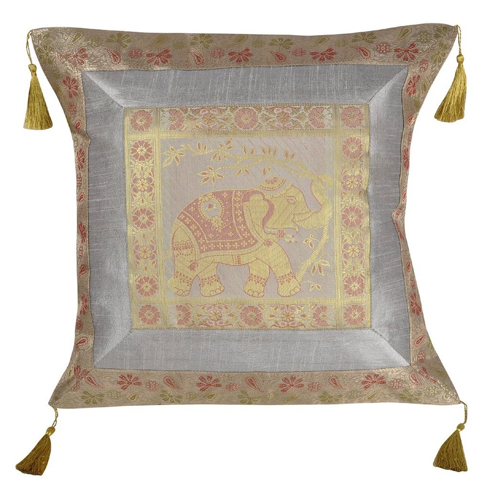 Lal Haveli Silk Elephant Brocade Design Cushion Cover for Living ROM Bedroom Pillow 18 X 18 Inch