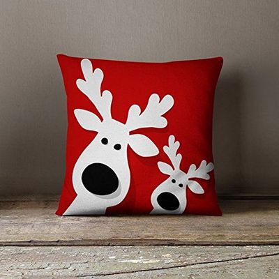 The Purple Tree Polyester Cute Reindeer Christmas Cushion with 3D Nose and Eyes, 16x16 Inches, Red, 1 Piece