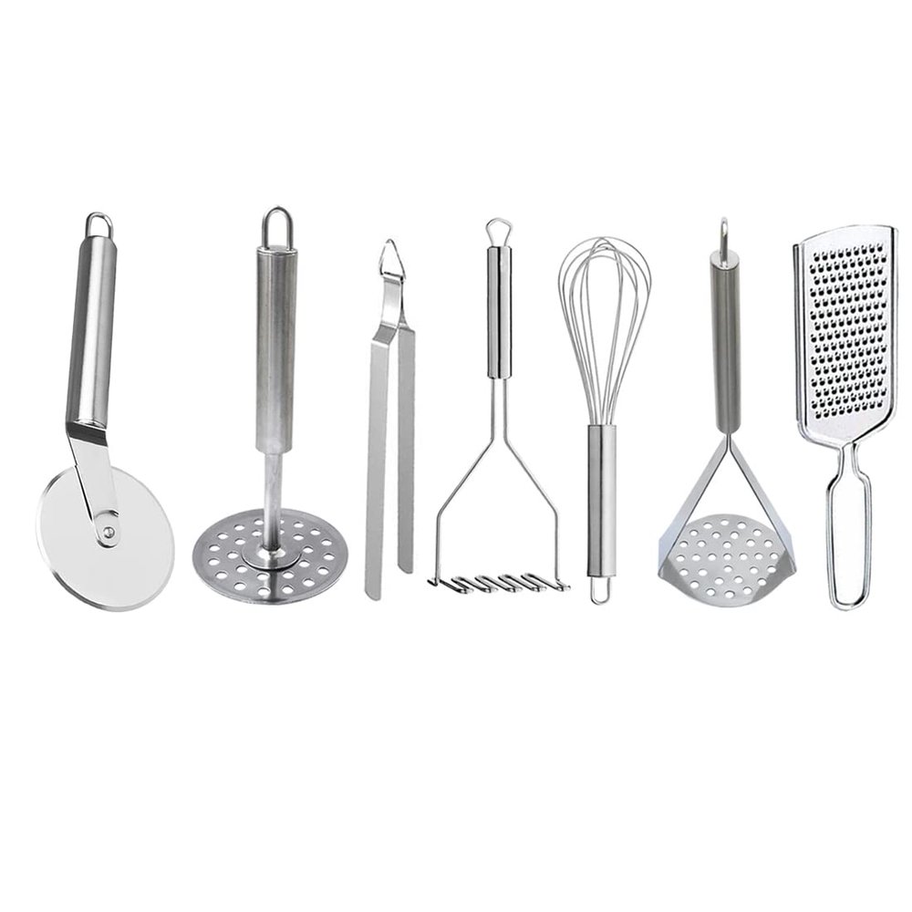 Oc9 Stainless Steel Potato Masher/Pav Bhaji Masher(Pack of 3) & Roti Chimta/Utility Tong & Pizza Cutter/Slicer & Egg Whisk/Egg Beater & Cheese Grater/Coconut Grater for Kitchen