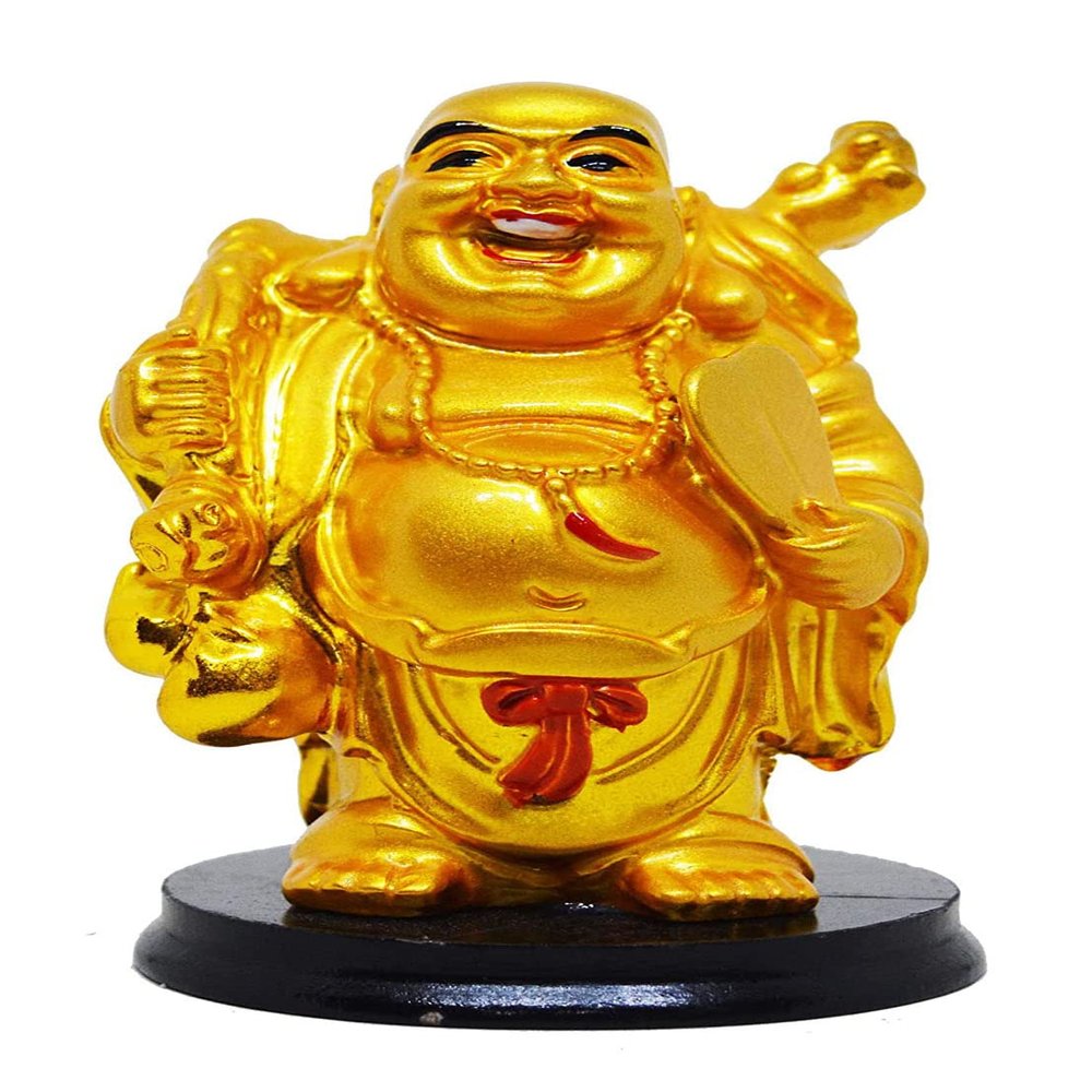 Saubhagya Global Polyresin Golden Set of 1 Holding Fan & Wu Lou Happy Man, Small Size, Height-10cm for Office Decor, Home Decoration