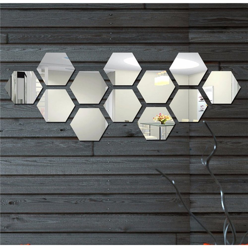 Atulya Arts Hexagon 3D Acrylic Decorative Mirror Wall Stickers (Silver) - Pack of 12