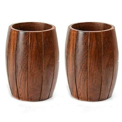 Wood Art Store Wooden Barrel Shaped Cutlery Holder/Spoon Holder/Pen Holder (Set of 2)