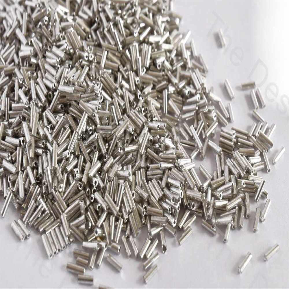 The Design Cart Metallic Silver Pipe/Bugle Beads/Glass Seed Beads (4.5 mm) (100 Grams) Standard Quality, for ? Jewellery Making, Beading, Arts and Crafts and Embroidery.