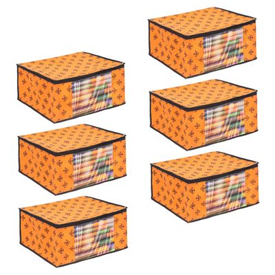 PrettyKrafts Set of 6 Non-Woven Printed Foldable Saree Covers/Wardrobe Organizer With Transparent Window And Zip/Clothes Storage Bag For Women's Lehenga, Suit Saree & Other Accessories (Orange)