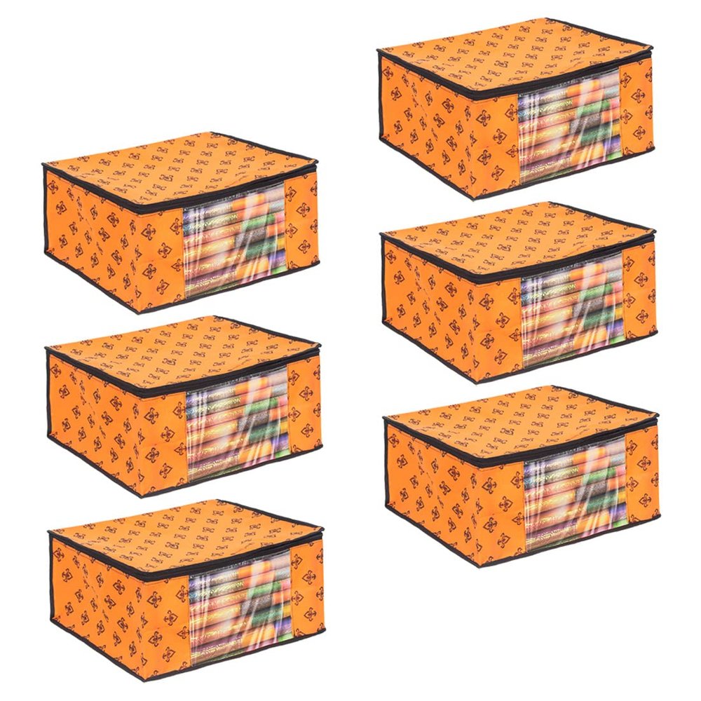 PrettyKrafts Set of 6 Non-Woven Printed Foldable Saree Covers/Wardrobe Organizer With Transparent Window And Zip/Clothes Storage Bag For Women's Lehenga, Suit Saree & Other Accessories (Orange)