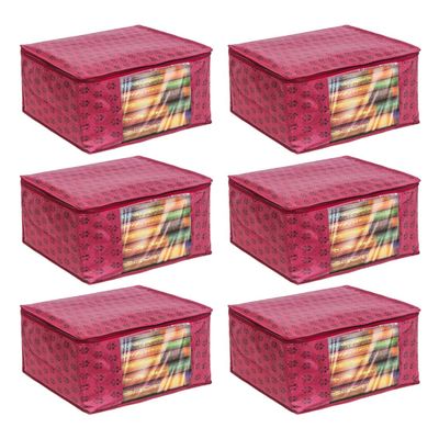 PrettyKrafts Set of 6 Non-Woven Printed Foldable Saree Covers/Wardrobe Organizer With Transparent Window And Zip/Clothes Storage Bag For Women's Lehenga, Suit Saree & Other Accessories (Maroon)