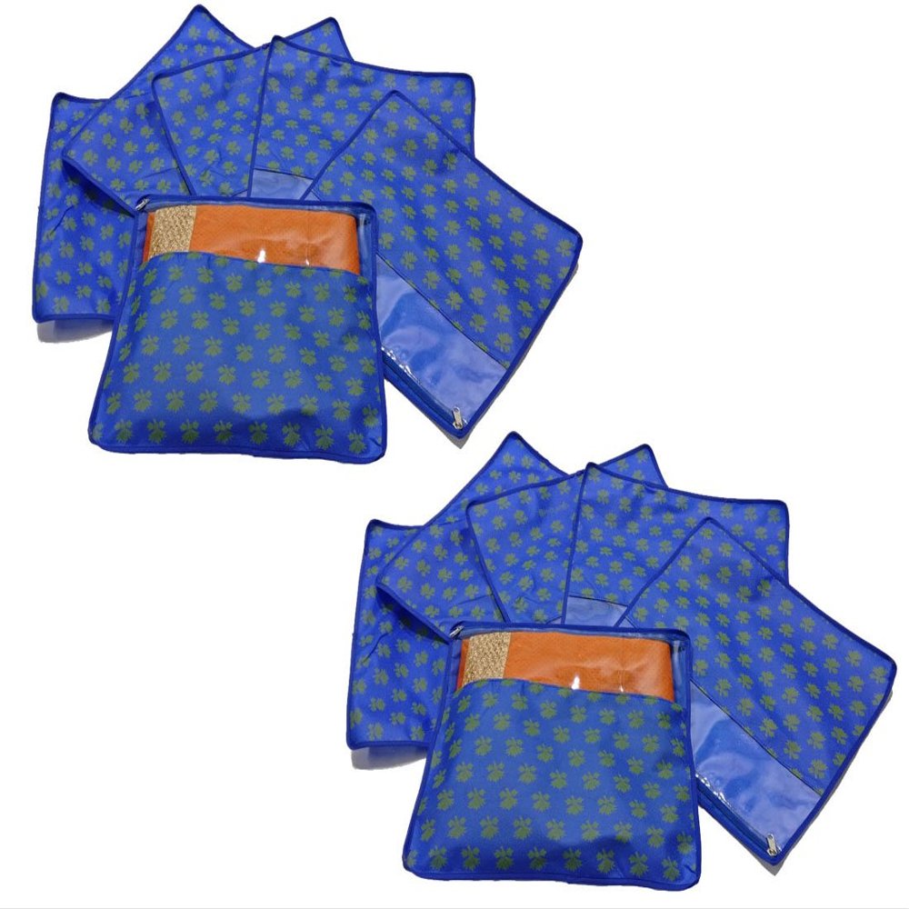 PrettyKrafts Non Woven Saree Covers with ZIP - Pack of 12, Size(16  14 Inches) Single Sari Storage Bags/Cover/Pouches for Packing New Sadi - Wardrobe Organizer for Sarees/Cloths With Top Window, Blue