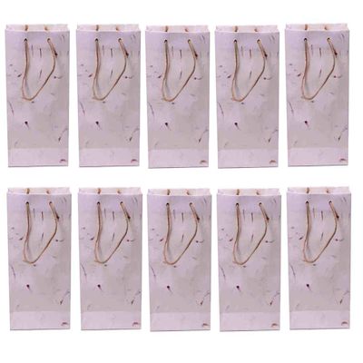 Rjkart Handmade Gift Paper Carry Bags White with Real Flower Leaf Bag Set of 10