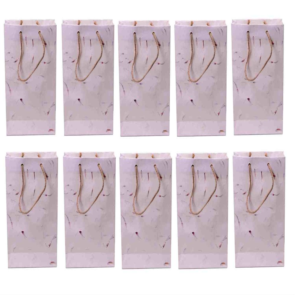 Rjkart Handmade Gift Paper Carry Bags White with Real Flower Leaf Bag Set of 10