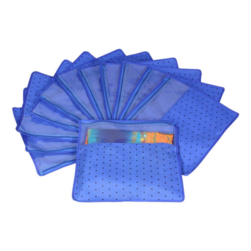 PrettyKrafts Non Woven Saree Covers With ZIP, Pack of 12, Size(17  15 Inches) Single Sari Storage Bags/Cover/Pouches for Packing New Sadi - Wardrobe Organizer For Sarees/Cloths With Top Window, Blue