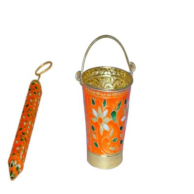 SHRI ANNAPURNA Metal Laddu Gopal Holi Pichkari And Bucket Set (pichkari: 8.5, 9.5 cm, bucket: 3.5, 4.5 cm, Orange)