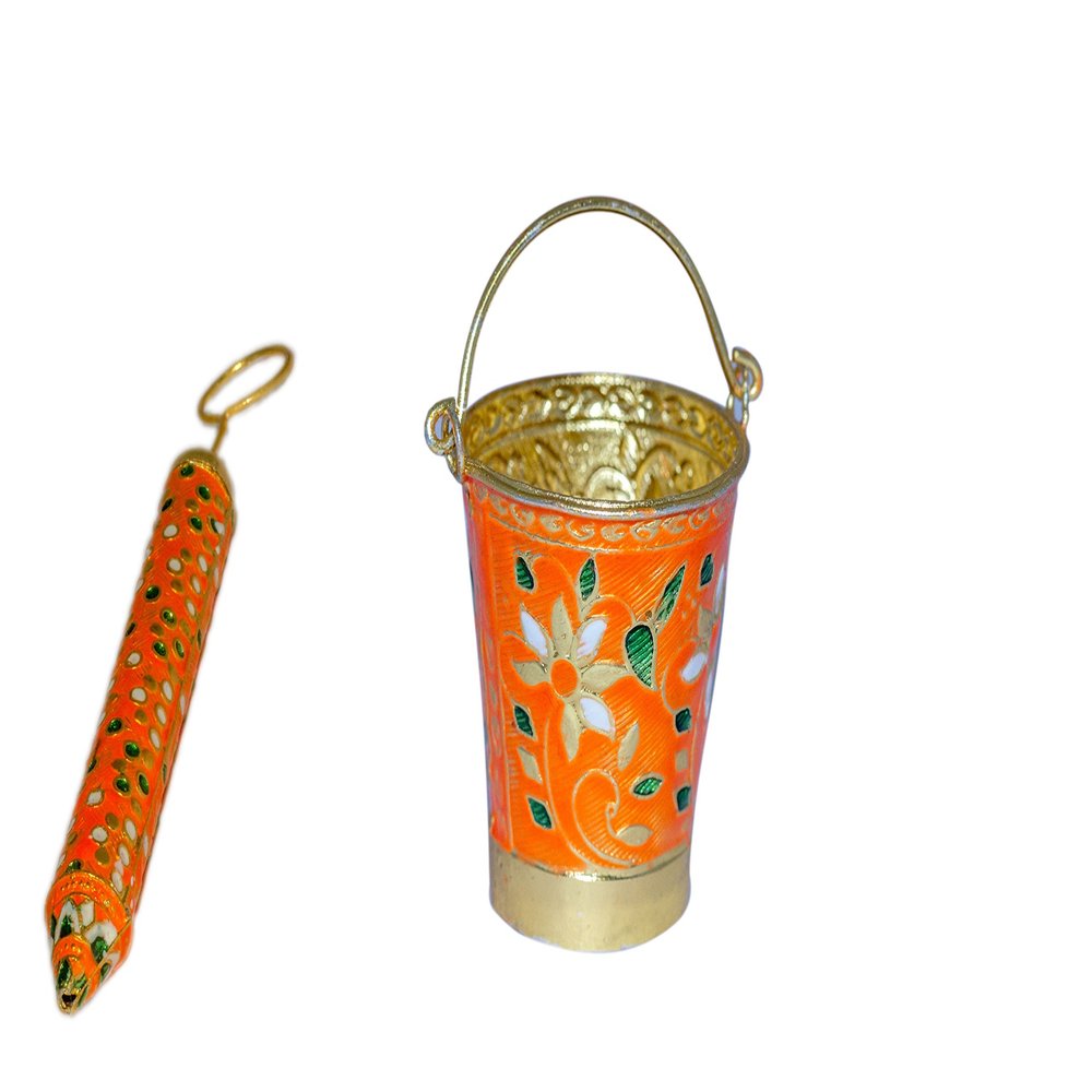 SHRI ANNAPURNA Metal Laddu Gopal Holi Pichkari And Bucket Set (pichkari: 8.5, 9.5 cm, bucket: 3.5, 4.5 cm, Orange)