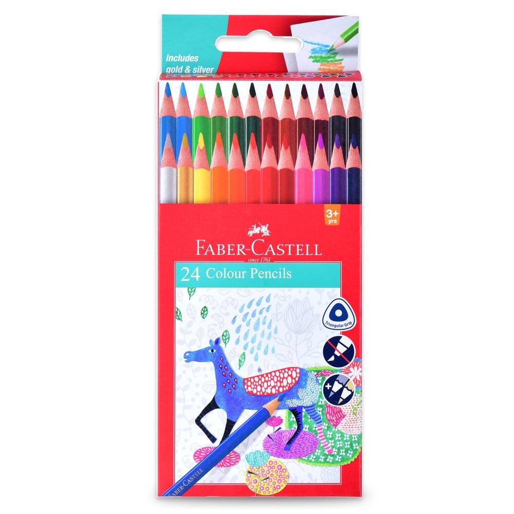 Faber-Castell Triangular Colour Pencil Set  Pack of 24 | Colour Pencils for Kids Aged 6-12 | Ergonomic Pencil Colour Set for School & Art Projects