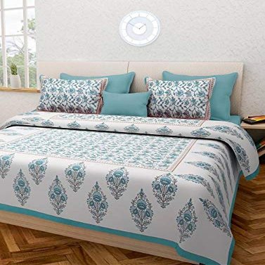 Jaipuri Style 100% Cotton Tradition King Size 1 Double Bedsheet with 2 Pillow Cover. (Off - White)