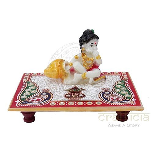 Crafticia Marble Rectangle Pooja Chowki with Lord Krishna or Laddu Gopal Idol Showpiece - 6x4 Bajot, 2.5 inch