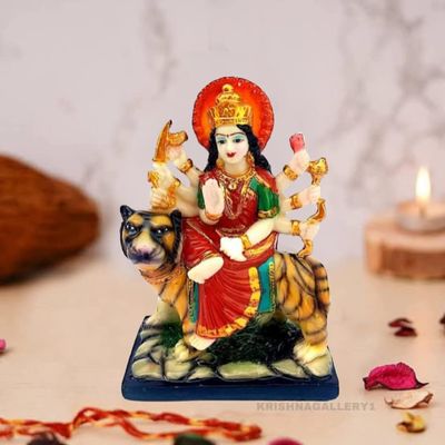 KRISHNAGALLERY Polyresin Sherawali Mata Durga Maa Murti Statue For Pooja Vaishno Devi Idol 6 Inch( Multicolour)