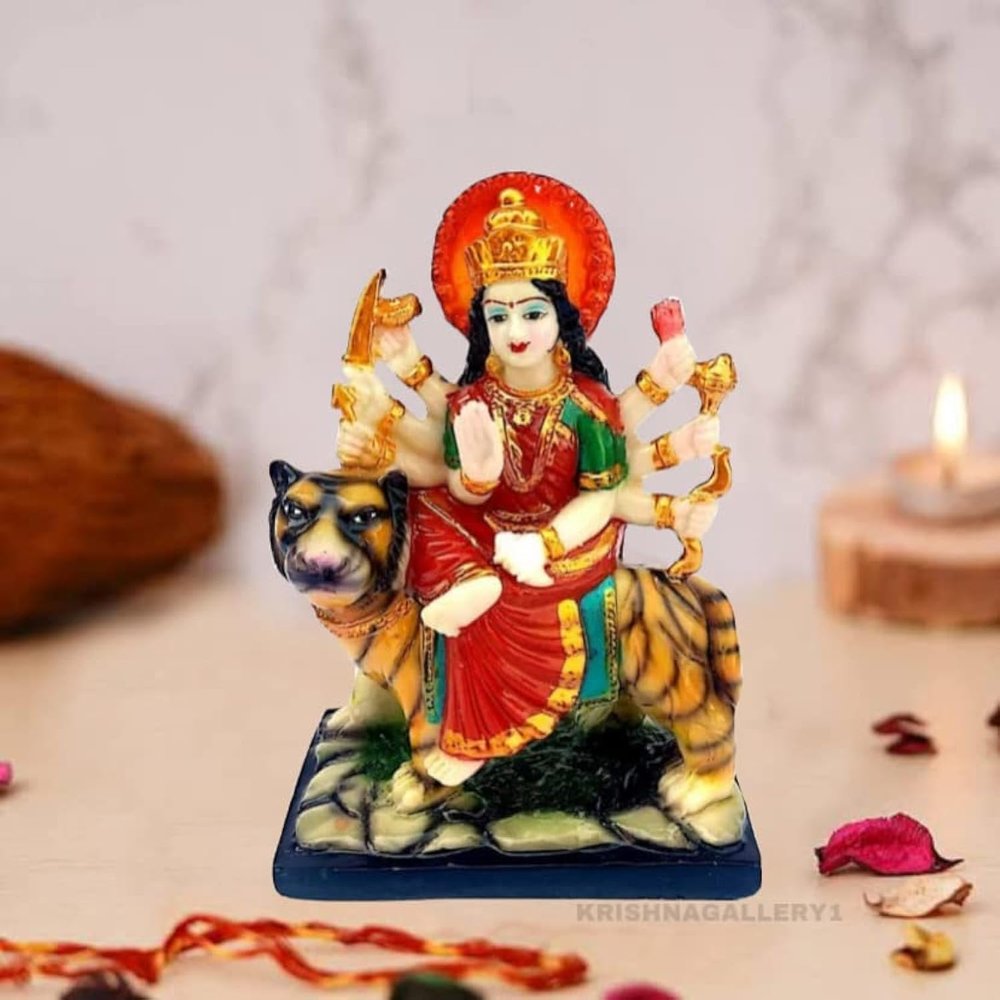 KRISHNAGALLERY Polyresin Sherawali Mata Durga Maa Murti Statue For Pooja Vaishno Devi Idol 6 Inch( Multicolour)