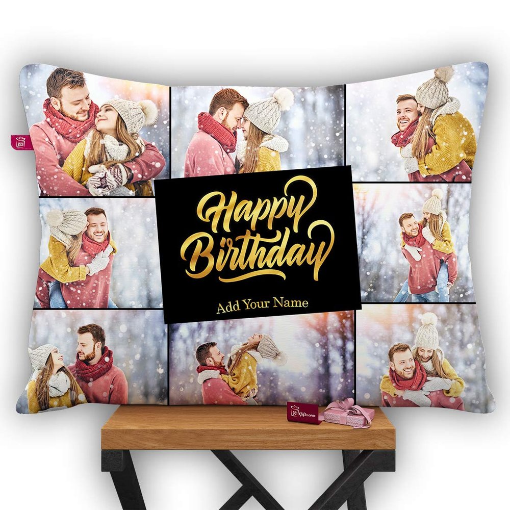 k1gifts Personalized 8 Photos and Birthday Name Pillow/Cushion (12X15 - White)