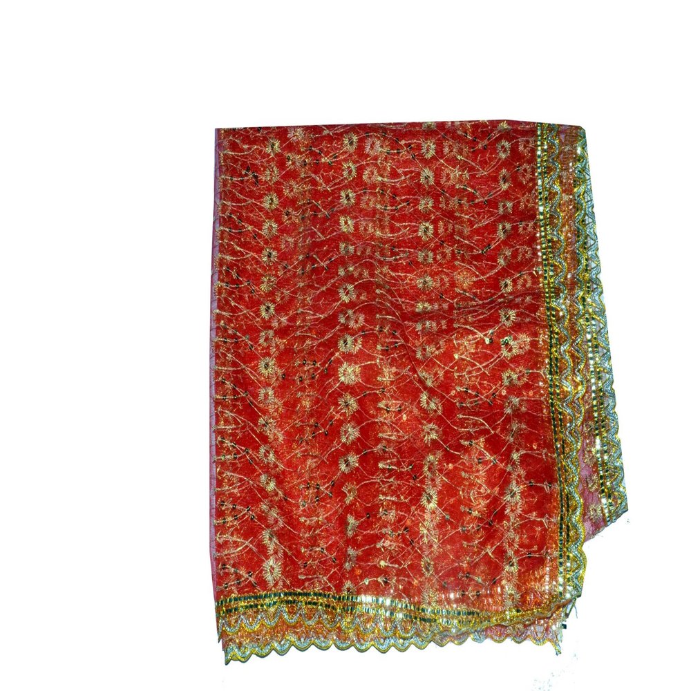 GoGreenWorld Cotton Pooja Samagri Devi Mata Full Jari Chunri with Golden Embroidery and Lace (2 x 1.5 m)
