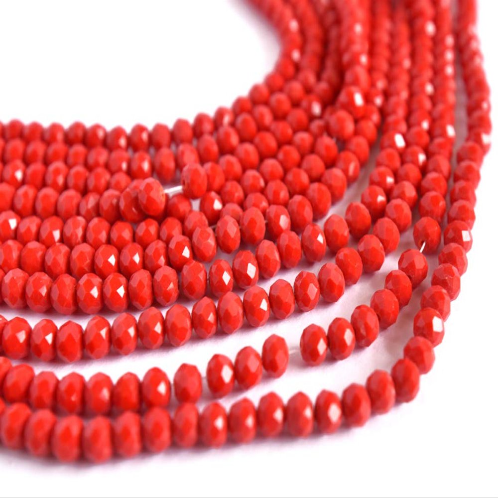 The Design Cart Red Opaque Tyre/Rondelle Faceted Crystal Beads (2 mm) (1 String) for Jewellery Making, Beading, Embroidery, Art and Craft