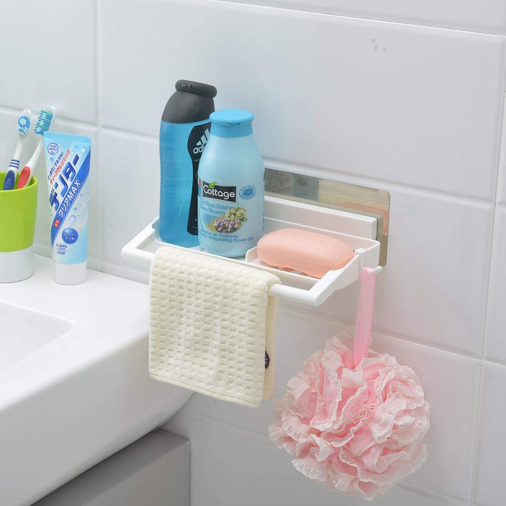 HOKIPO Multifunctional Magic Sticker Series Self Adhesive Bathroom Shelves Stoarge Tray - Soap Dish with Towel Rod Napkin Holder