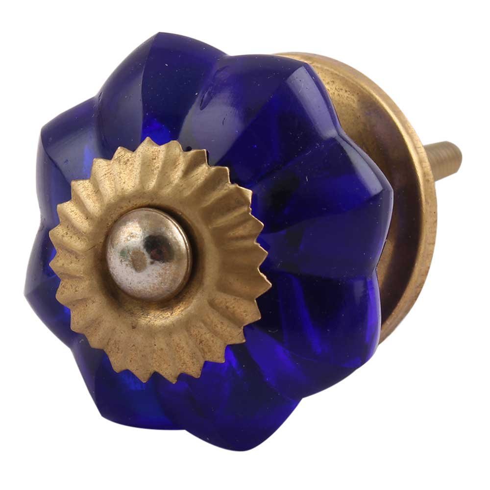 Indian-Shelf Pack of 4 Blue Glass Cabinet Knobs Melon Marigold Flower Designer Cupboard Door Knob for Home Decor