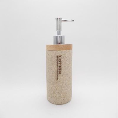 TOTO DEALS Premium Stone and Wood Unique Shape Liquid Soap Dispenser (1 Piece) (Material: Stone/Wood & Plastic, Capacity: 450ml, Colour: Sand)