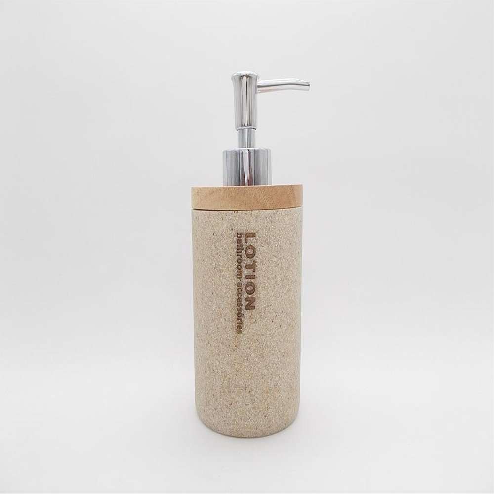 TOTO DEALS Premium Stone and Wood Unique Shape Liquid Soap Dispenser (1 Piece) (Material: Stone/Wood & Plastic, Capacity: 450ml, Colour: Sand)