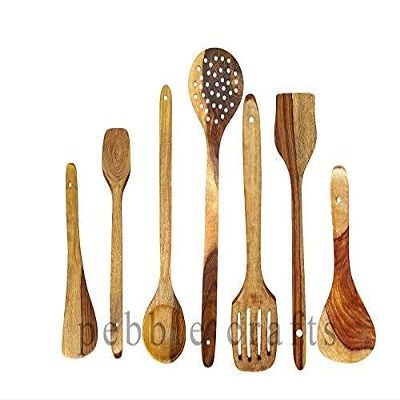 Pebble Crafts Handmade Wooden Cooking Spoons and Serving Spoon Set of 7 | Non Stick Kitchen Utensil Spoon Set