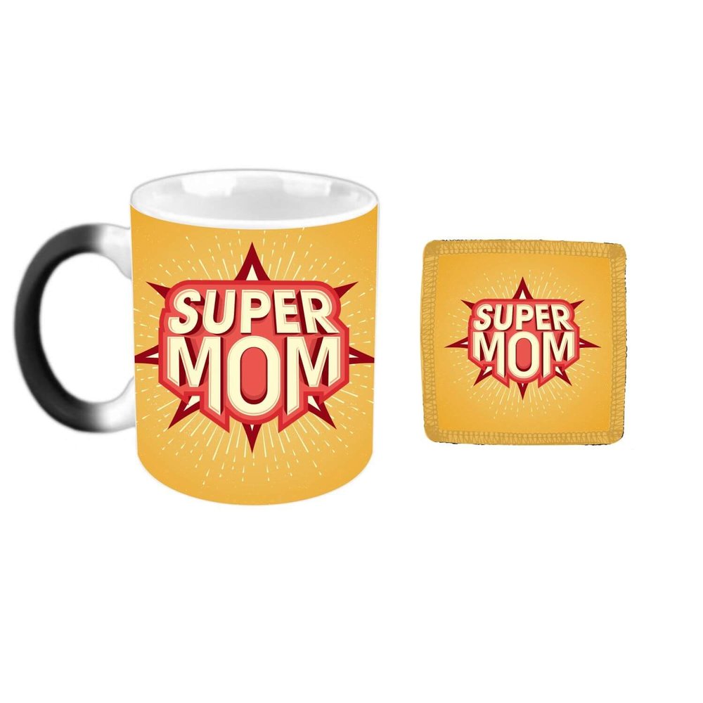 YaYa cafe Mothers Day Gifts, Super Mom Magic Mug for Mother, Coaster Combo Set of 2 | Mom Birthday Gifts - Black