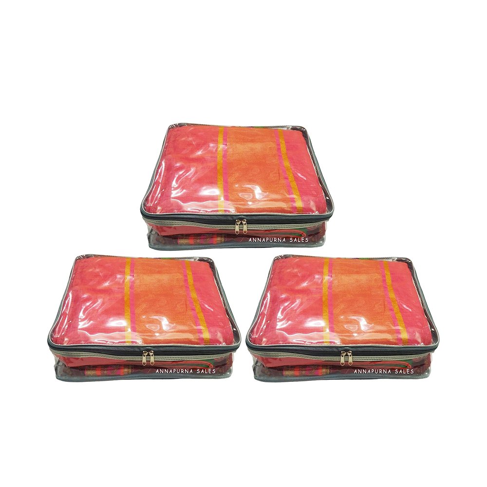 Annapurna Sales full transparent saree cover or bridal saree bag or transparent cloth storage bag or transparent saree bag for women (transparent, grey, for 2-3 saree) - combo pack of 3 pieces