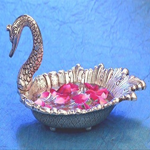 Saudeep India Trading Corporation Oxidize Metal Decorative Swan Bowl Tray Set with Spoon Showpiece, 10x9x10cm(White)