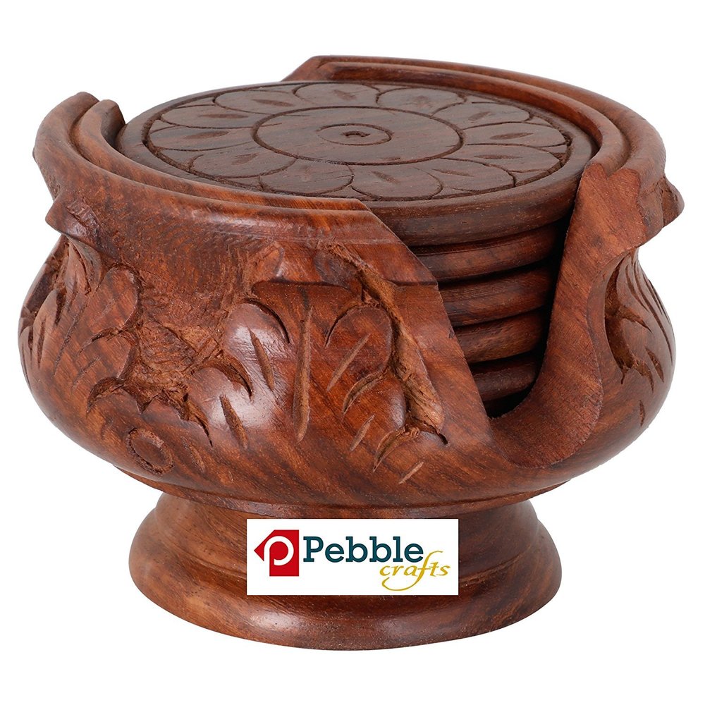 Wood Art Store Wooden Handmade Carved Set of 6 with Decorative Holder Tabletop Coasters for Tea Coffee Cups Mugs Beer Cans Bar Glass Indian Handicrafts