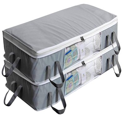 HomeStrap set of 2 Non-woven Long Underbed Storage Organizer/Blanket Cover Bag with Transparent Window Side & Front Handle for Quilt, Clothes (Grey, Rectangular)(Featured on Shark Tank)