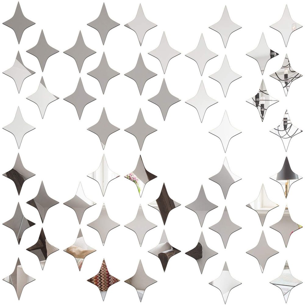 Wall1ders 50 Four Point Star Silver Mirror Stickers for Wall, Acrylic Mirror Wall Decor Sticker, Wall Mirror Stickers, Acrylic Stickers, Wall Stickers for Hall Room, Bed Room, Kitchen.