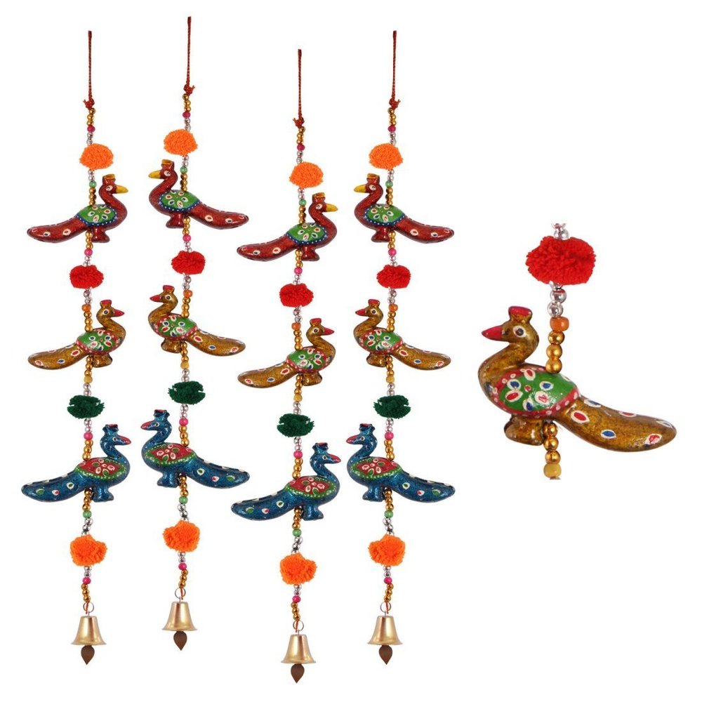 Handicrafts Paradise Door Hanging Set of 4 Pc of 3 Paper Machie Peacock with Pumpum