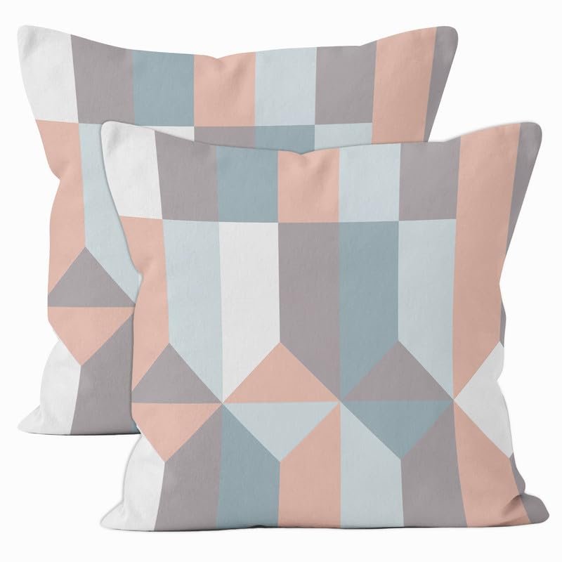 Encasa XO Cushion Covers - Printed Cotton Twill Fabric - 40x40 cm - 16"x16" - Blocks - Pack of 2