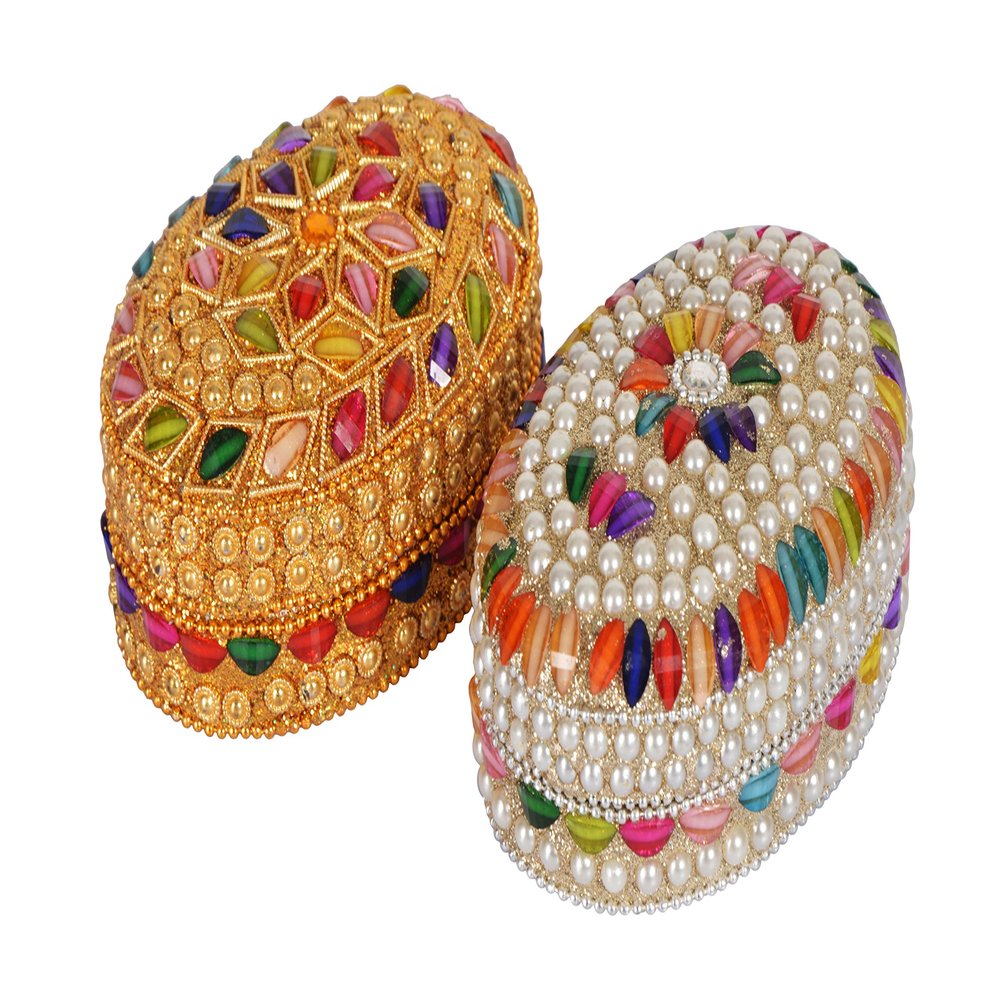 Jaipuri Craft Oval Handicraft Decorative Jewellery and Sindoor Box (Gold and White, 11 cm x 7.5 cm x 5 cm, Jcraft003) - Pack of 2