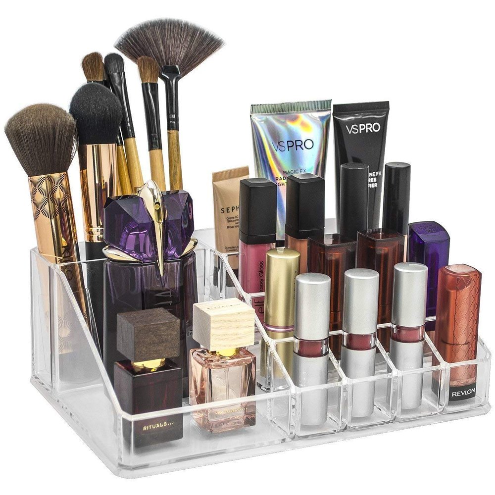 Flipco Compartment Cosmetic Makeup Jewellery Lipstick Storage Organiser Box, Transparent (16 Compartment)