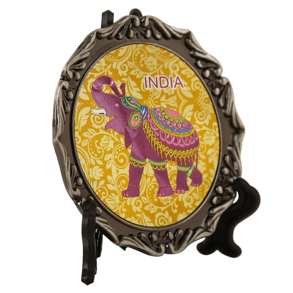 Shivika Polyresin Fridge Magnet Indian Decorated Elephant for Fridge Decor Come with Stand Decorative Plate