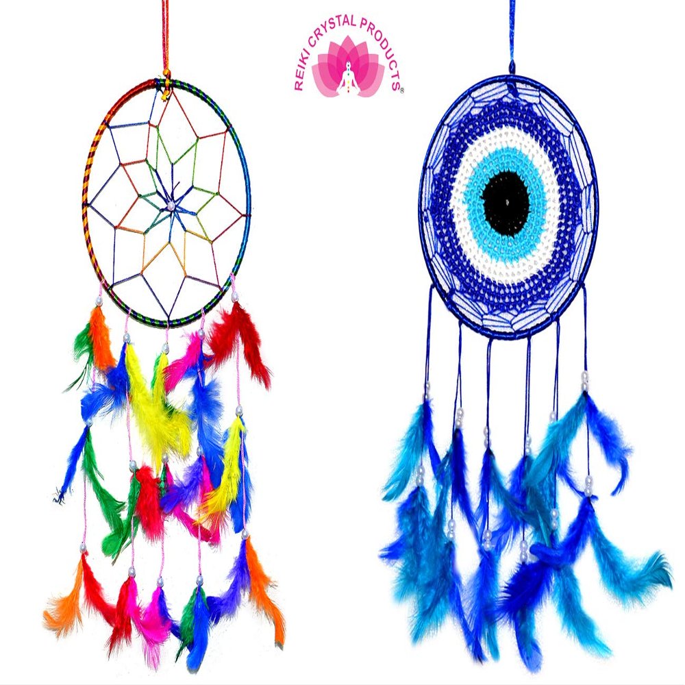 Reiki Crystal Products Combo Dream Catcher Multi Colour + Evil Eye Dream Catcher for Wall Hanging Attract Positive Dreams & Positive Thinking and Protections Dream Catcher Pack of 1+1